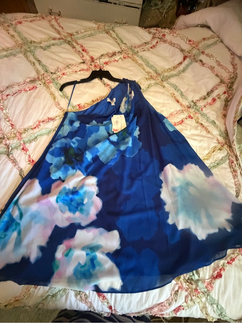 Badgley Mischka Royal Blue One-Shoulder wedding guest cocktail Floral Dress - Picture 7 of 7